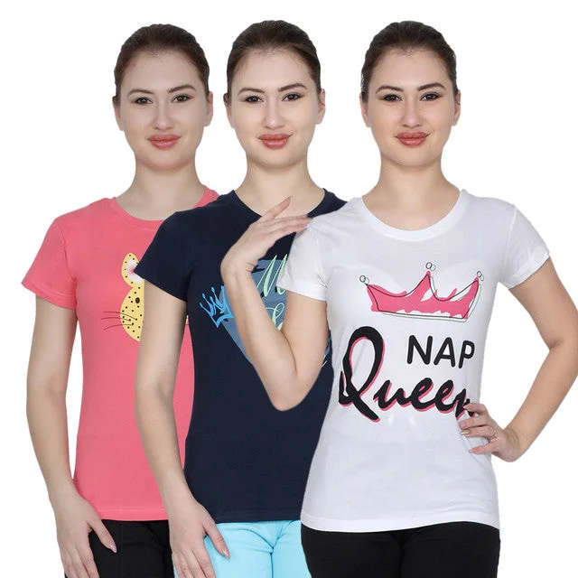 T.T. Women Printed Slim Fit Tshirt Pack Of 3 White::Navy::Coral Graphic T-Shirt Round Neck Polyester T.T. Women Printed Slim Fit Tshirt Pack Of 3 White::Navy::Coral Graphic T-Shirt Round Neck Polyester