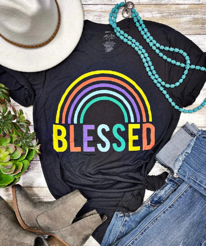 Texas True Threads "Blessed" Rainbow Tee, Charcoal Fitted T-Shirt Seamless Stretchy