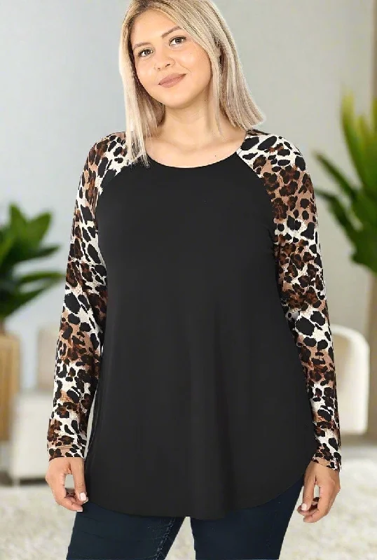 Womens Cheetah Sleeve Top, Long Sleeve Fall Raglan Shirt, Plus Sizes 1xl/2xl/3xl, Black/Brown Houndstooth Herringbone Solid Womens Cheetah Sleeve Top, Long Sleeve Fall Raglan Shirt, Plus Sizes 1xl/2xl/3xl, Black/Brown Houndstooth Herringbone Solid