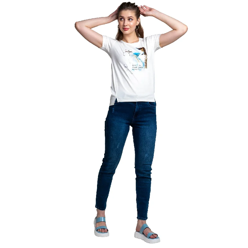Women's White Half Sleeve T-shirt Notch Collar Peter Pan Collar Cowl Neck