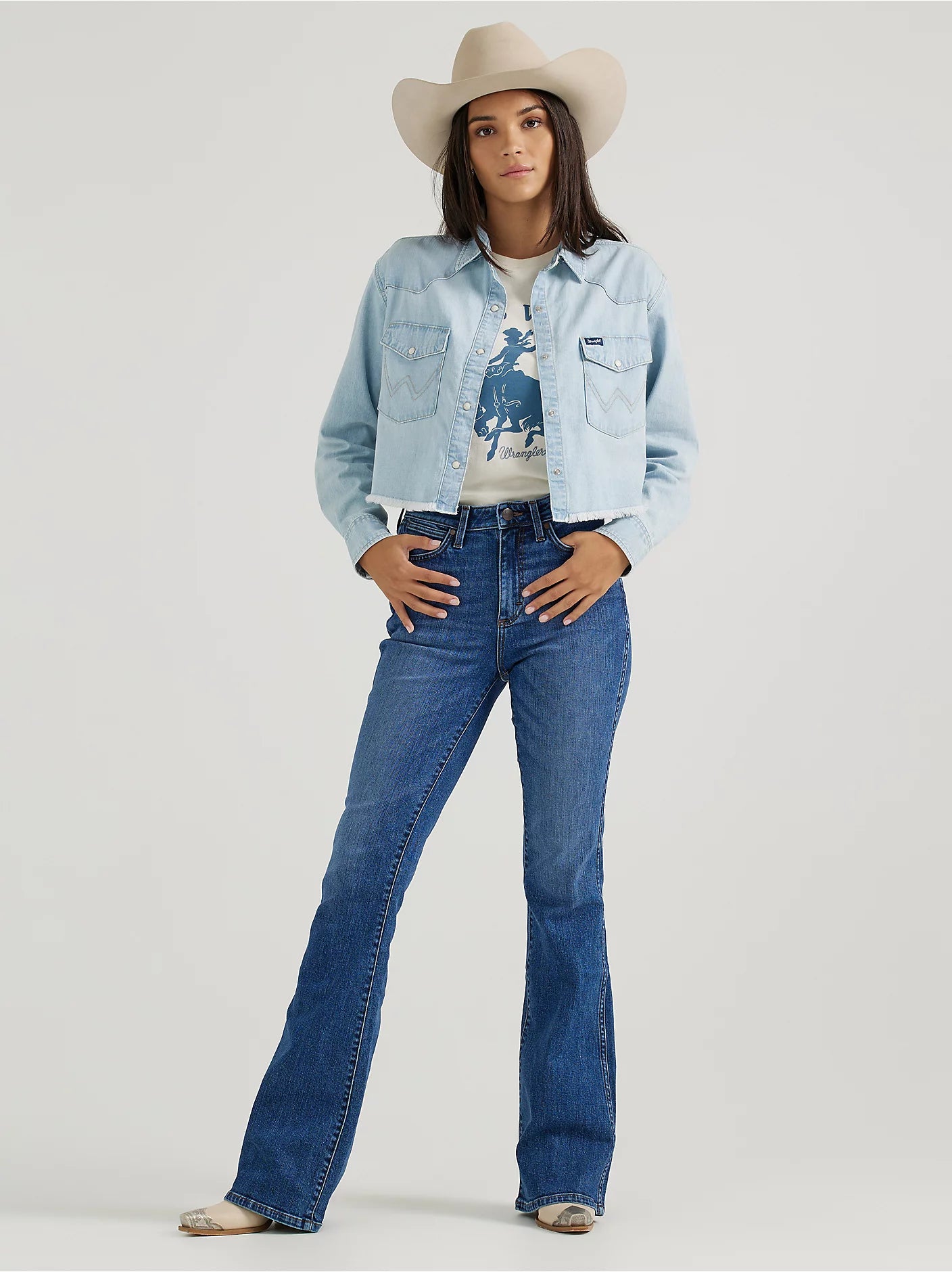 Women's Wrangler Cut-Off Denim Boyfriend Snap Shirt Collared Crew Neck Turtle Neck