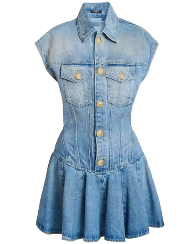 Denim Flare Mini Dress in Blue Stylish Spaghetti Strap Mini Dress