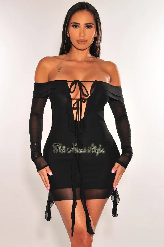 Black Mesh Off Shoulder Tie Up Long Sleeve Ruffle Mini Dress Comfortable Zip-Up Mini Dress