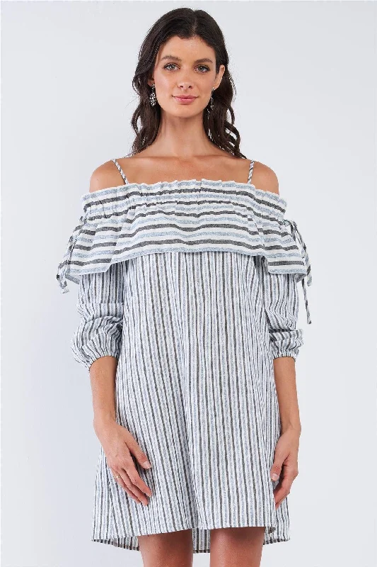 Blue&Black Loose Fit Striped Off-The-Shoulder Long Sleeve Ruffle Hem Mini Dress Stylish Ribbed Mini Dress