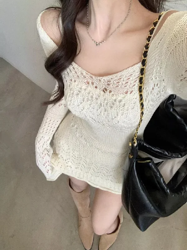 Calynda Knitted Lace Mini Dress Cozy T-Shirt Mini Dress