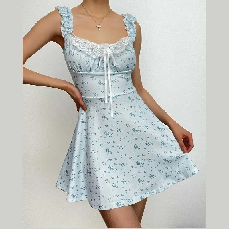 Cap sleeve lace hem ruched flower print contrast mini dress Fashionable Mini Dress with Pockets