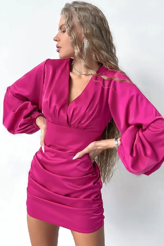 Chic Deep V Bishop Sleeve Ruched Bodycon Party Mini Dress - Hot Pink Cozy Jersey Mini Dress