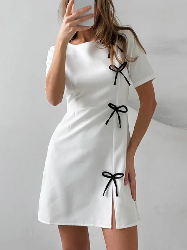 Crew Neck Slit Bow Decoration MIni Dress Chic Mini Dress with V-Neck