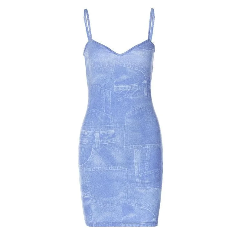 Denim print v neck backless cami mini dress Elegant Lace-Up Mini Dress