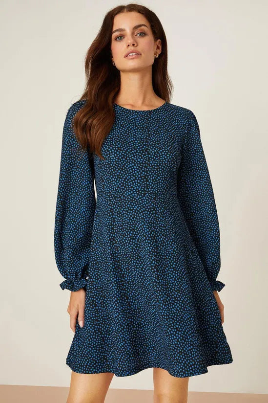 Dorothy Perkins Petite Blue Spot Printed Mini Dress Fashionable Pleated Mini Dress