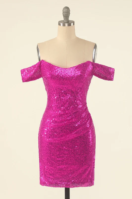 Fuchsia Off the Shoulder Sequin Party Mini Dress Elegant Lace-Up Mini Dress