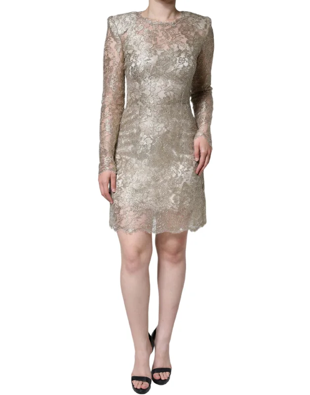 Gold Floral Lace A-line Sheath Mini Dress Cozy Knitted Mini Dress