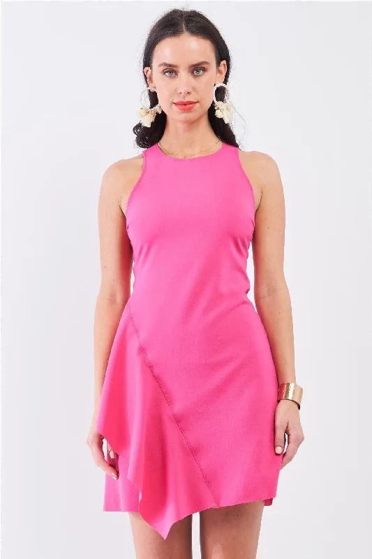 Hot-Pink Sleeveless Round Neck Fitted Asymmetrical Mini Dress Trendy Tulle Mini Dress