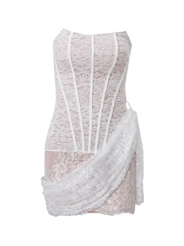 Lace Mesh Corset Bandeau Mini Dress Fashionable Off-Shoulder Mini Dress