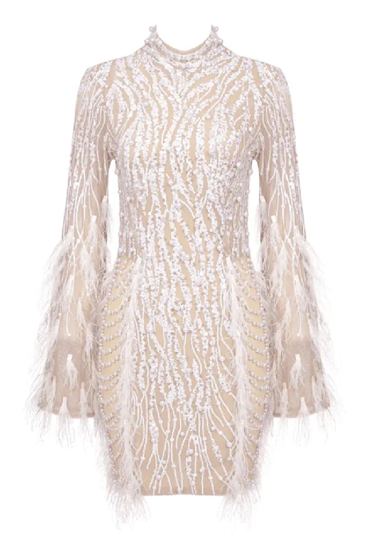 Lavish Feather Beaded Mock Neck Sheer Mesh Sequin Party Mini Dress Trendy Crossover Mini Dress