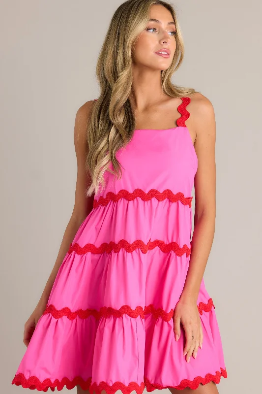 Live In The Moment Hot Pink Ricrac Mini Dress Stylish Sweetheart Neck Mini Dress