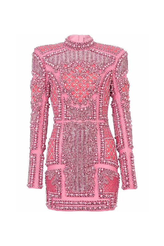 Luxury Jeweled Embellished High Neck Long Sleeve Sequin Party Mini Dress Cozy Cotton Mini Dress