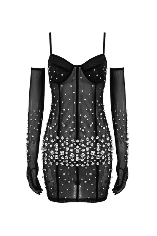 Luxury Rhinestone Glove Cami Bustier Sheer Mesh Party Micro Mini Dress Cozy Knit Mini Dress