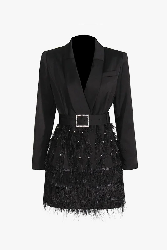 Luxury Shawl Collar Long Sleeve Belted Beaded Feather Blazer Mini Dress Trendy Tulle Mini Dress