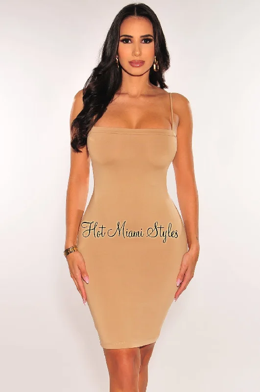 Nude Square Neck Spaghetti Straps Mini Dress Elegant Silk Mini Dress