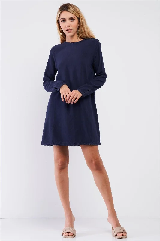 Plain Eco Navy Blue Linen Shredded Hem Detail Round Neck Relaxed Fit Long Sleeve Mini Dress Fashionable Pleated Mini Dress