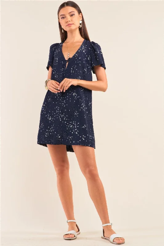 Star Print Loose Fit Deep Plunge V-Neck Mini Dress Elegant Velvet Mini Dress