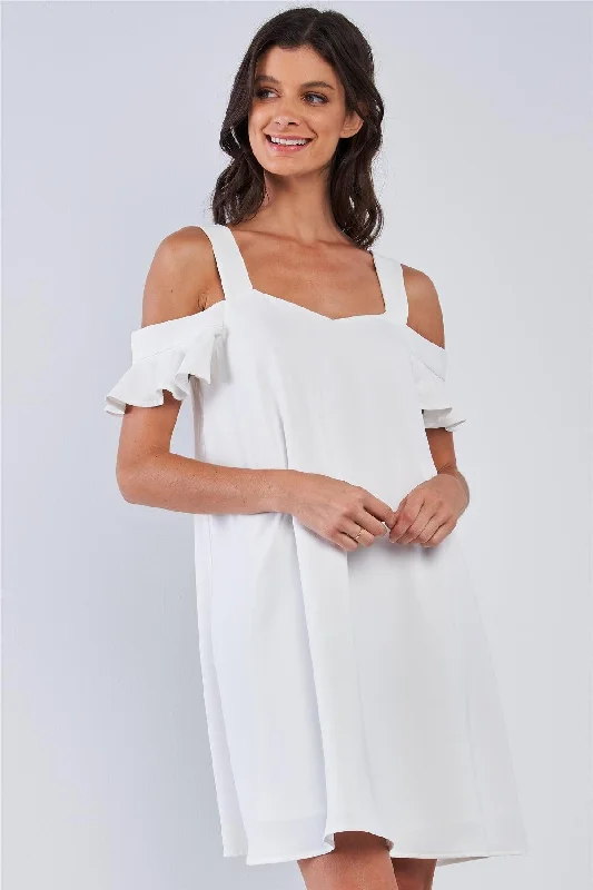 Off-White Relaxed Fit V-Neck Ruffle Sleeve Mini Dress Cozy A-Line Mini Dress