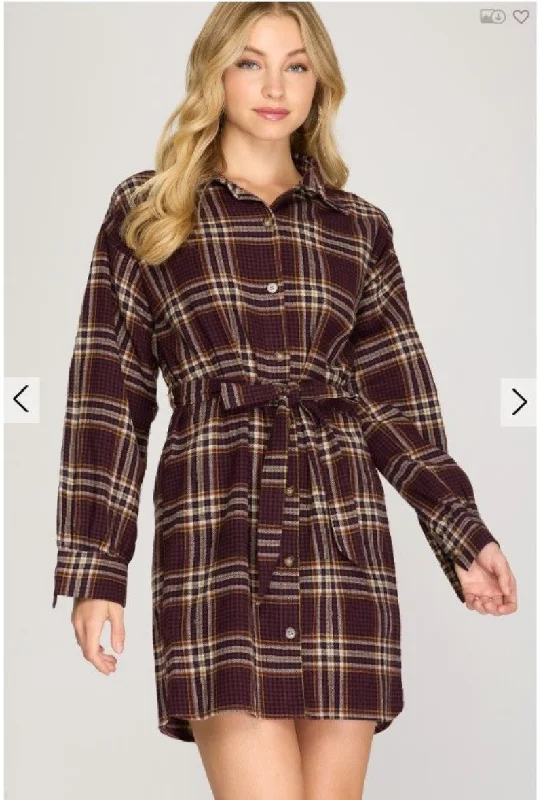 PLUM PLAID LONG SLEEVES WAIST-TIE SHIRT MINI DRESS SS8447 Stylish Sweetheart Neck Mini Dress