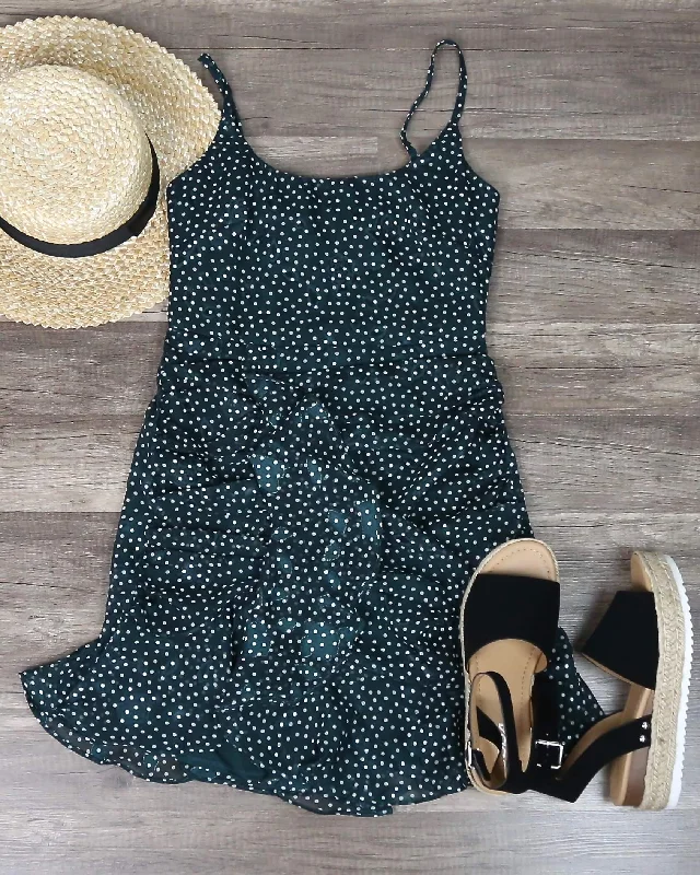 Polka Dot Printed Sleeveless Ruched Mini Dress in Forest Green Casual Mini Dress with Pockets