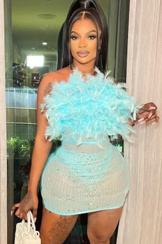 Sexy Rhinestone Sheer Mesh Panel Feather Strapless Party Mini Dress - Lake Blue Chic Puff Sleeve Mini Dress