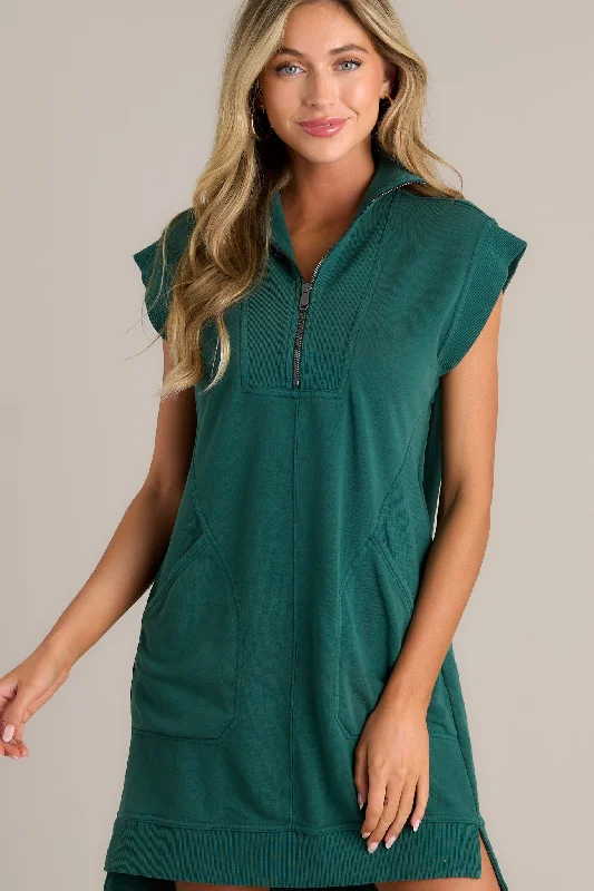 Shadowed Splendor 100% Cotton Hunter Green Zip Front Mini Dress Classic Shift Mini Dress