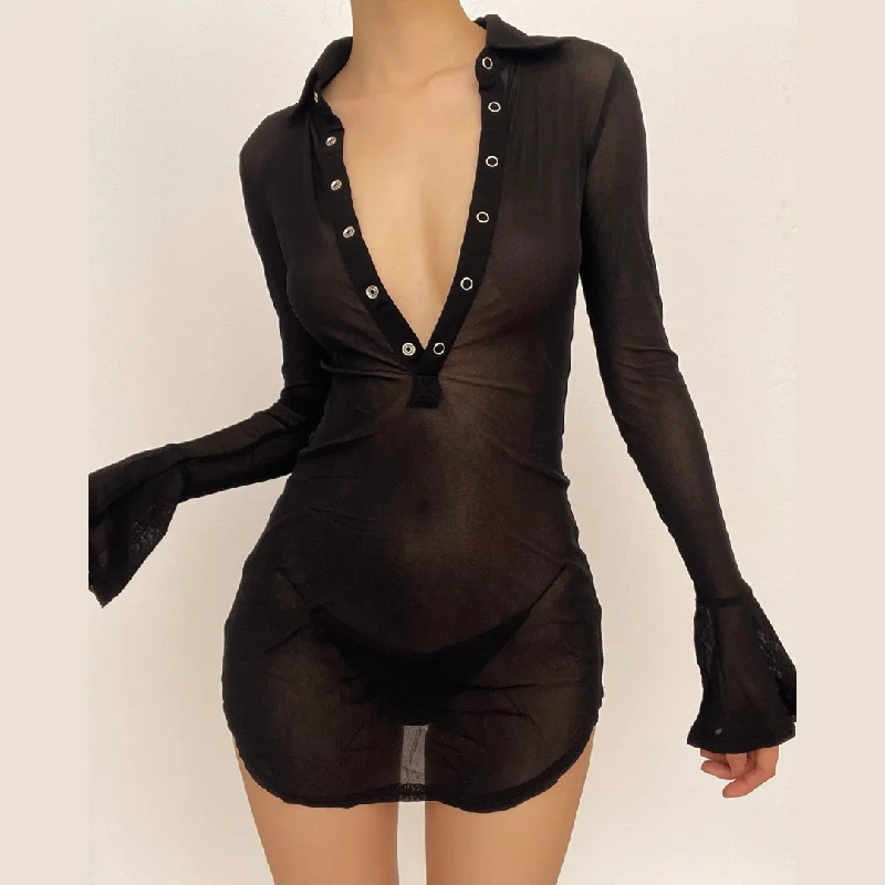 Sheer mesh see through button turnover collar flared sleeve mini dress Trendy Mesh Mini Dress