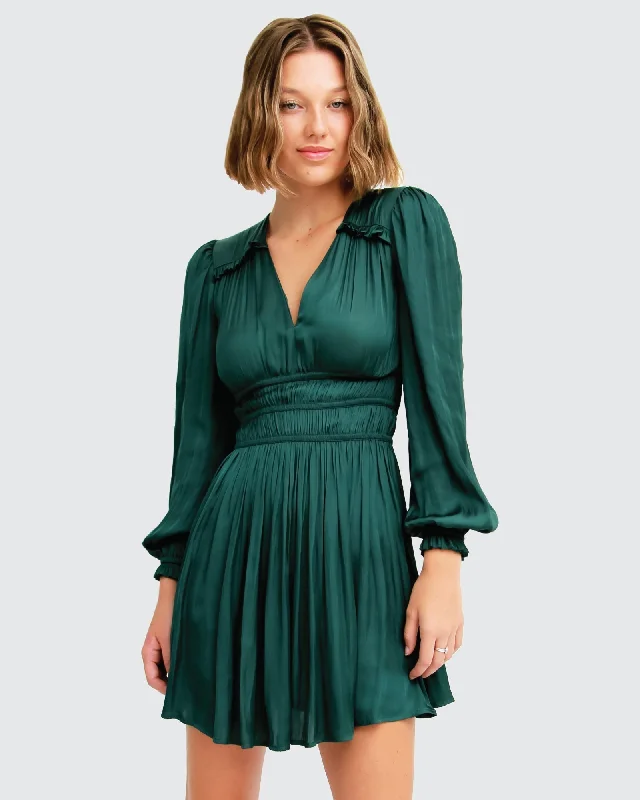 Shine Bright Ruched Mini Dress - Dark Green Cozy Ribbed Mini Dress