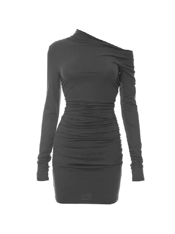 Solid One Shoulder Ruched Long Sleeve Mini Dress Comfortable Ruffle Mini Dress