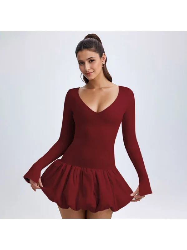 Solid V Neck Fitted Bubble Mini Dress Comfortable Ruffle Mini Dress