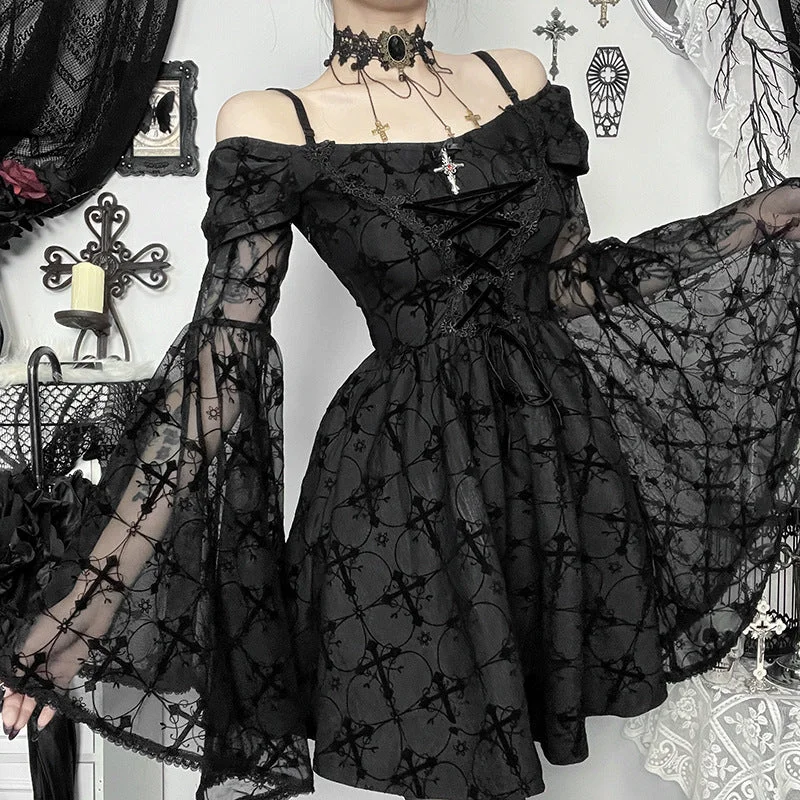 Cross Lace Polyester Gothic Mini Dress Elegant Mini Dress with Ruffles