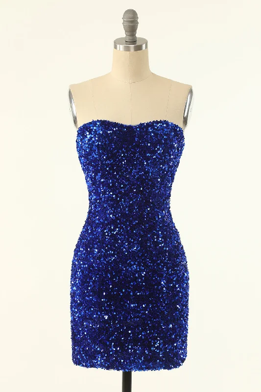 Strapless Royal Blue Sequin Bodycon Mini Dress Elegant Velvet Mini Dress