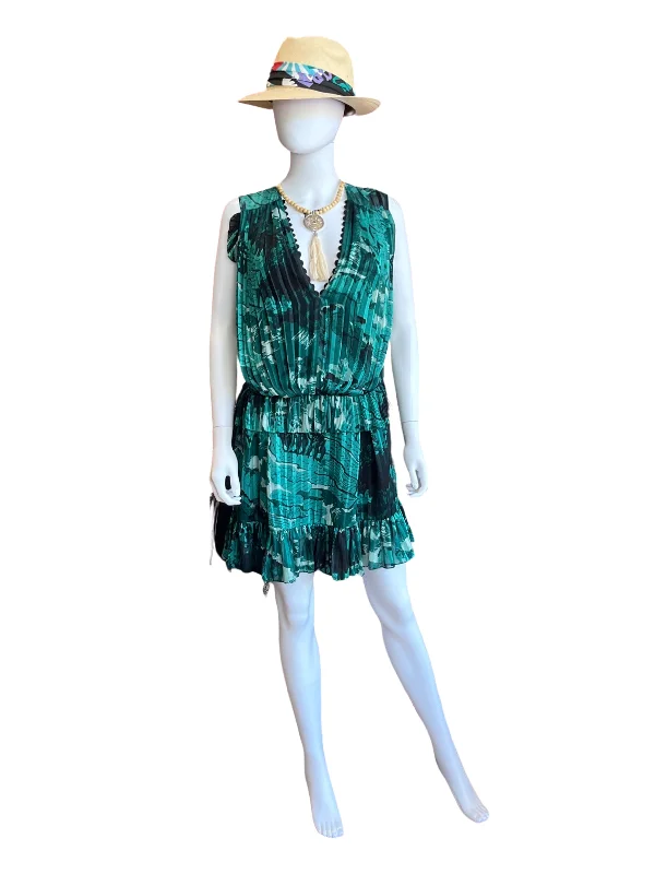 Victoria Beckham Mix-Print Pleated Mass Green Mini Dress /4 Trendy Floral Mini Dress