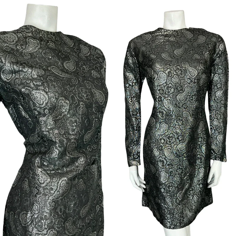 VTG 60S 70S GREY SILVER PAISLEY FLORAL BROCADE LONG SLEEVE PARTY MINI DRESS 14 Fashionable Button-Front Mini Dress