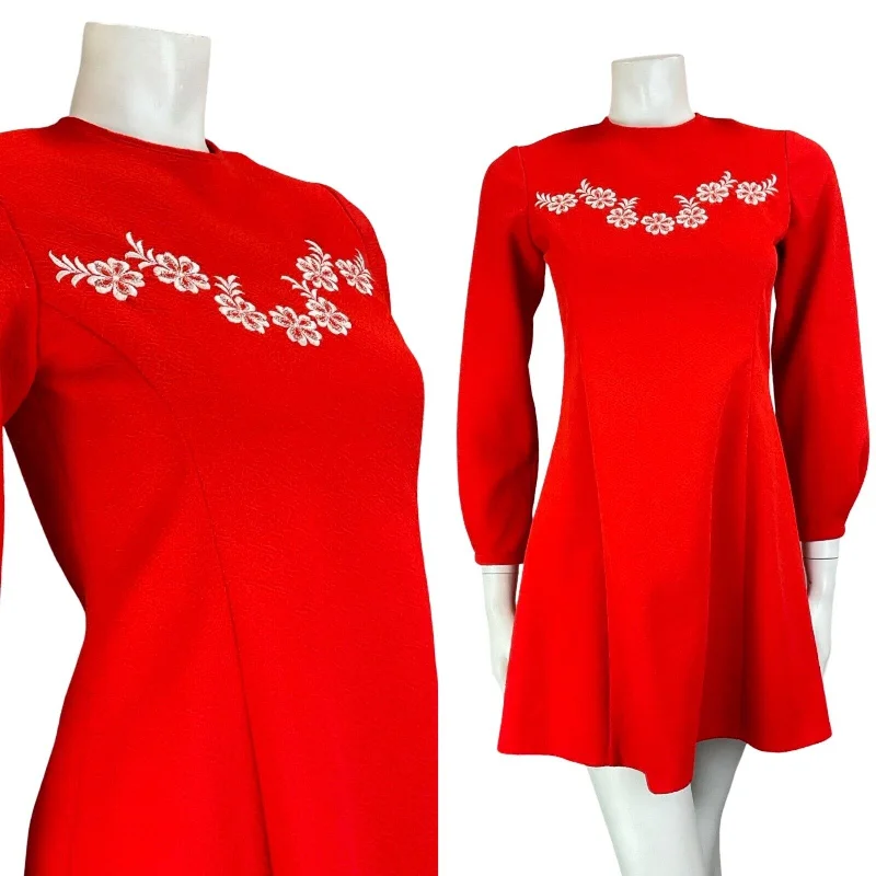 VTG 60S RED WHITE MOD GOGO FLOWER EMBROIDERED WESTERN LONG SLEEVE MINI DRESS 6 Fashionable Lace Mini Dress