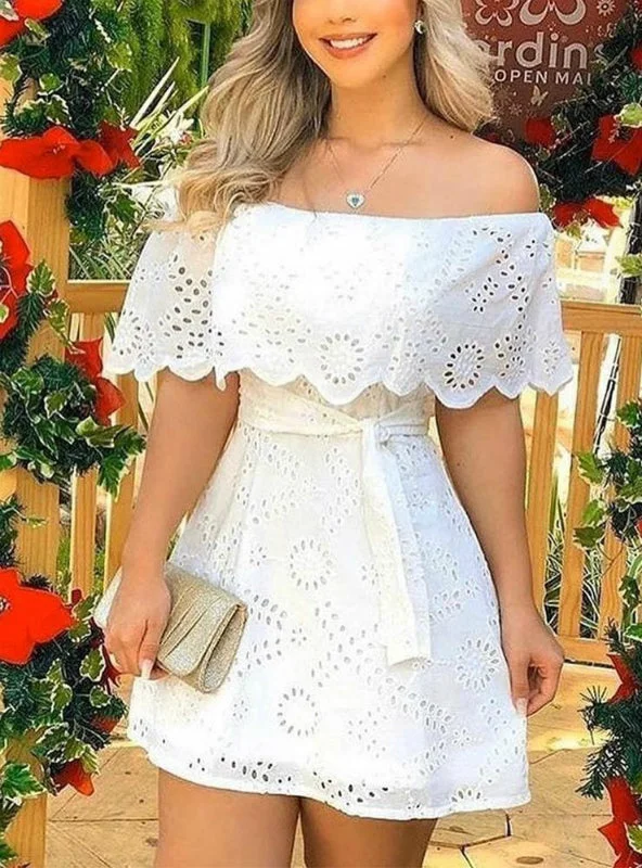 White Women Off Shoulder Broderie Lace Mini Dress Comfortable Boho Mini Dress