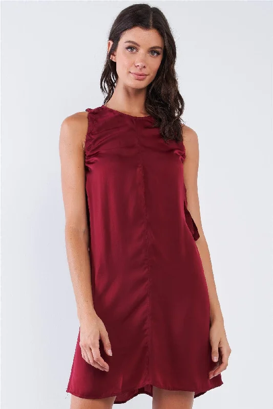 Wine Red Satin Loose Fit Sleeveless Round Neck Mini Dress With Side Ribbon Draw String Ties Dress Cozy Knitted Mini Dress