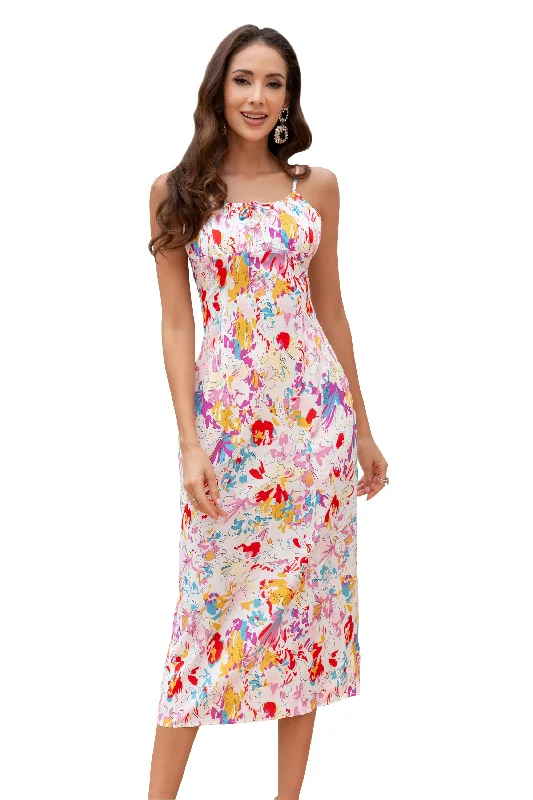Women Maxi Floral Straight Neck Smocked tied Maxi Dress-White Comfortable Plunging Neckline Maxi Dress Women Maxi Floral Straight Neck Smocked tied Maxi Dress-White Comfortable Plunging Neckline Maxi Dress
