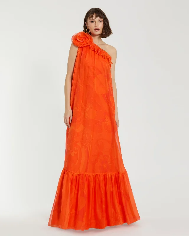 Printed Chiffon One Shoulder Rose Ruffle Maxi Dress Trendy Button Front Maxi Dress