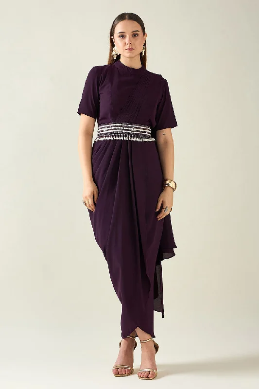 Purple Drape Saree Dress With Embellished Belt