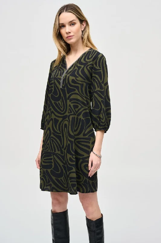 Abstract Print A-Line Dress - Black and Green