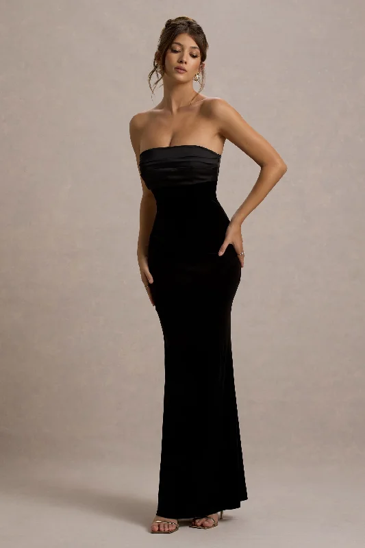 Ambrosi | Black Velvet Bandeau Maxi Dress Elegant Lace-Up Maxi Dress