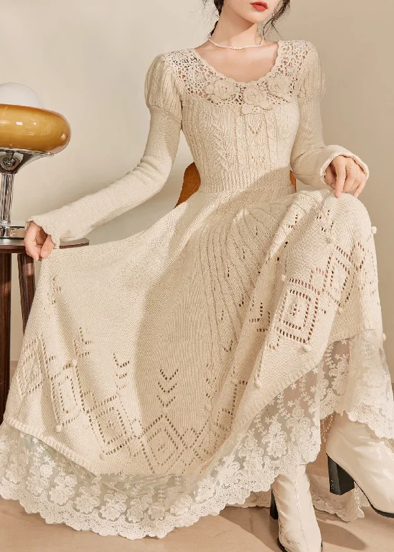 Art Apricot O-Neck Patchwork Hollow Out Cotton Knit Maxi Dress Fall Cozy Ruffle Sleeve Maxi Dress