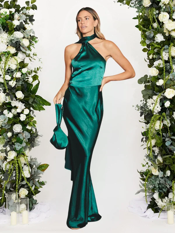Asymmetric Scarf Satin Maxi Dress / Emerald Green Elegant Tiered Maxi Dress