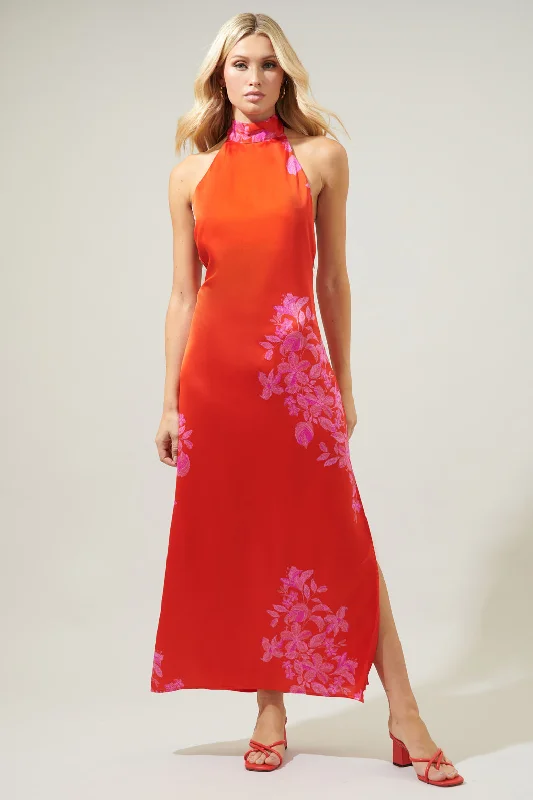 Berlin Inferno Hawkins Satin Halter Maxi Dress Comfortable Fitted Maxi Dress